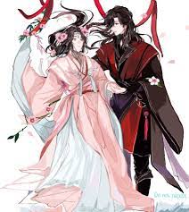 hua cheng, xie lian, tianguan cifu, highres, 2boys, black hair, chinese  clothes, circlet, couple, eyepatch, full body, hozuhakusai, jewelry, long  hair, long sleeves, looking at another, male focus, multiple boys, profile,  tassel,