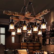 8 Light Hanging Ceiling Lights Lodge Wood And Iron Rope Pendant Hanging Lights In Black For Coffee Shop Beautifulhalo Com