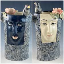 Artwork: Black and white two sided face vase in stoneware by Pam Stern