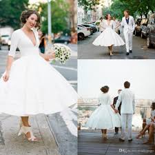 Das hochzeitskleid aus fallschirmseide kam dadurch. Grosshandel Vintage Tee Lange 50er Jahre Kurze Brautkleider Mit Armeln V Ausschnitt Sexy Vintage 1950er Jahre Informelle Country Garden Boho Rezeption Brautkleider Von Readygogo 89 49 Auf De Dhgate Com Dhgate
