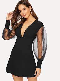 Shein Mesh Bishop Sleeve Plunge Dress Bishop Sleeve Dress Plunge Dress Dresses