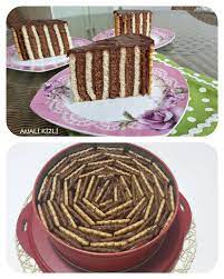 biskuvili pastayi nasil yaptigimi merak edenler icin kelepceli kalipta bir sira beyaz bir sira kakaolu baking and pastry dessert recipes chocolate desserts