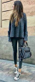 Winter Outfits Grey Knit Black Skinny Jeans Black Sneakers Black Bleached Tote Bag Fashionaccessories Je Grey Sweatshirt Women Fashion Fall Outfits