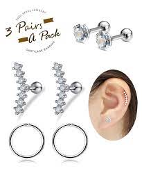 affordable piercing set 3 pairs in a set all in different styles 1 pair ear stud piercing with 4mm cz inlaid 1 cartilage tragus tragus conch tragus earrings