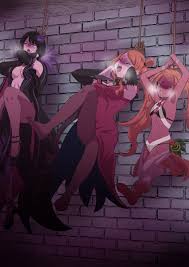 pront-k, elsa granhilte, liliana, priscilla barielle, re:zero kara hajimeru  isekai seikatsu, choking, absurdres, highres, tagme, 3girls, asphyxiation,  black hair, blush, braid, breasts, brick wall, bridal gauntlets, brown  hair, closed eyes, detached pants,