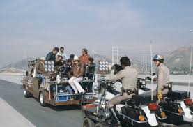 erik estrada and larry wilcox during filming of the tv series chips