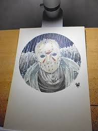 Let's draw with me jason voorhees mask friday the 13th and learn how to draw halloween drawings! Jason Voorhees Round Original Art Wayne Tully Horror Art Drawings Illustration Entertainment Movies Horror Movies Artpal