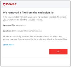 Mcafee Kb Excluded Files Are Removed From The Exclusion List If They Are Changed Ts102953