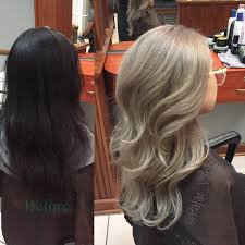 Before And After From Virgin Black Hair To Light Ash Blonde Huge Transformation For Pachia S Dark To Light Hair Blonde Hair Transformations Light Ash Blonde