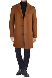 Men's classic melton top coat with faux leather details. Cole Haan Classic Wool Blend Plush Notched Collar Coat Hautelook