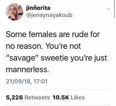 Dopl3r Com Memes Jinnorita Jenaynayakoub Some Females Are Rude For No Reason Youre Not Savage Sweetie Youre Just Mannerless 21 09 18 1701 5226 Retweets 10 5k Likes