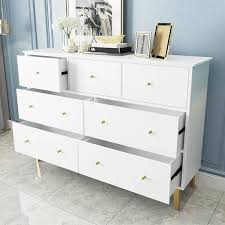 Large drawers with metal handles offer plenty of space for storing shirts, socks, sweaters, tie, and jeans, while the chest's top surface provides a perfect platform for framed photos or a stylish lamp. 70 Modern White Bedroom Dresser 7 Drawer Cabinet Gold Finish In Large