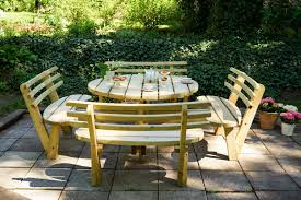 The uk government's reopening roadmap continues to roll on at a reserved pace. Swedish Redwood Circular Picnic Bench With Backrests Sustainable Furniture