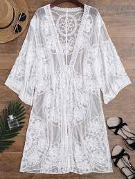 Sheer Lace Tie Front Kimono Cover Up Apricot Black White Sheer Lace Swimwear Cover Fashion