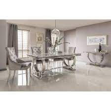 It features a faux marble top metal legs table and four matching pu upholstered chairs, seats four people comfortably and will add an upscale look to any dining room or kitchen. Arianna Marble Dining Table Set In Grey Dining Room From Breeze Furniture Uk
