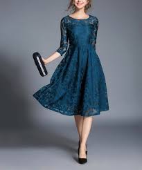 Coeur De Vague Teal Lace Three Quarter Sleeve Fit Flare Dress Women Zulily Lace Midi Dress Lace Dress Dresses