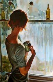 Executive working in front of a computer at office workplace. Morning Coffee Looking Out Window Thomas Saliot Art Artist