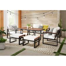 Hampton Bay West Park Black Aluminum Outdoor Patio Ottoman With Cushionguard White Cushion 2 Pack 731 0840 000 The Home Depot Outdoor Dining Set Patio Dining Table Outdoor Dining Table