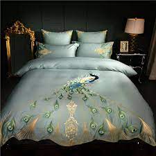 Chinese Embroidery Luxury Bedding Set Queen King Size Duvet Cover Bed Sheet Set 60s Egyptian Cotton Silky Fabric Peacock Green Aliexpress Home Garden