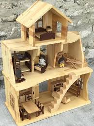 Wooden Dollhouse With Furniture Three Story Dollhouse 1 16 Etsy Wooden Dollhouse Doll House Plans Doll House