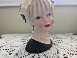 Vintage 1950s Relpo Lady Head Vase With Earrings and Necklace