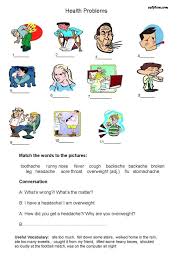 This vocabulary worksheet teaches common illnesses, symptoms, and injuries. Health And Ilnesses Conversation Cute766