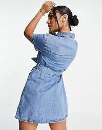 Asos Design Soft Denim Double Breasted Shirt Dress In Mid Wash Blue Asos