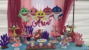 Baby Shark Dessert Table And Backdrop Video Shark Themed Birthday Party Shark Themed Party Shark Birthday Party