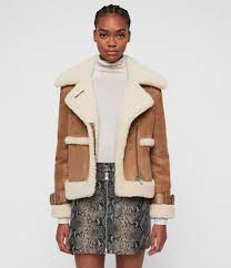Allsaints Uk Womens Farley Shearling Jacket Sand Brown Ecru Leather Jackets Women Shearling Jacket Fur Leather Jacket