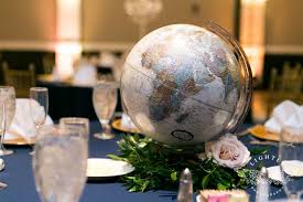 Travel Themed Wedding At The Piazza On The Green World Globe Wedding Centerpiece Travel Theme Wedding Luxury Wedding Venues Unique Wedding Table Decorations