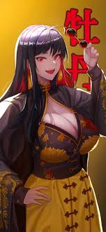 siyeong, moran (nikke), goddess of victory: nikke, absurdres, highres,  1girl, :d, ahoge, black coat, black dress, black hair, breasts, china  dress, chinese clothes, chinese knot, cleavage, coat, colored inner hair,  dress, earrings,