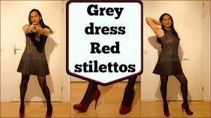 Crossdresser - grey dress and red high heels | NatCrys - YouTube