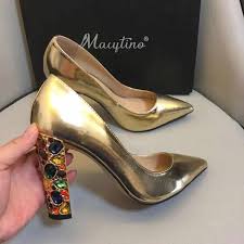 Maybe you would like to learn more about one of these? Jewelled Block Heel Women Pumps Gold Black Genuine Leather Pointed Toe Formal Dress Shoes Lady High Heels Women S Pumps Aliexpress