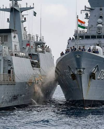 Navire de guerre naviguant dans des eaux agitées, symbolisant la tension géopolitique maritime