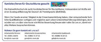 Dieser kurs wendet sich an deutschsprachige studierende, vornehmlich aus dem bereich der neuphilologie, mit dem beruflichen ziel einer lehrtätigkeit. Kvhs Nordwestmecklenburg Kursleitende Gesucht