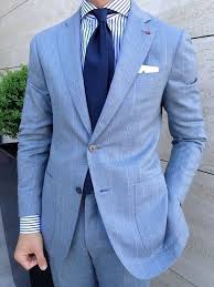Navy Blue Tie Paired With Blue Gray Suit Striped Shirt And Solid White Hanky Light Blue Suit Mens Fashion Suits Mens Fashion