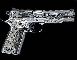 Engraved Black And Gold 1911 The Jjfu Cyclone Damascus Cisco 1911 Hand Forged Slide By Jesse James Relief Engraved With 18k Gold Inlay By Jere Davidson Made Guns Firearms Badass Guns