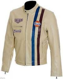 Men S Steve Mcqueen Le Mans Gulf Racing Style Leather Jacket S M L Xl Xxl Xxxl In 2021 Cream Leather Jacket Steve Mcqueen Steve Mcqueen Le Mans