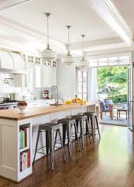 Long Butcher Block Top Island With Tolix Stools Transitional Kitchen Kitchen Island With Sink Kitchen Design Farmhouse Kitchen Island
