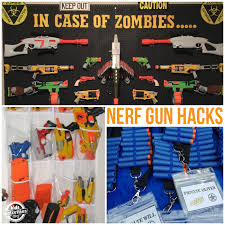 This storage rack can hold up to 20 blasters of different sizes with shelves, drawers, rail mounts and hooks. Nerf Hacks