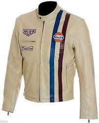 Men S Steve Mcqueen Le Mans Gulf Racing Style Leather Jacket S M L Xl Xxl Xxxl In 2021 Cream Leather Jacket Steve Mcqueen Steve Mcqueen Le Mans