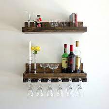 Rustic Wood Wine Rack Wall Mounted Shelf With Unique Beveled Hanging Stemware Glass Holder Floating Bar Shelves Organizer Wood Wine Racks Wine Rack Wall Glass Racks Shelves
