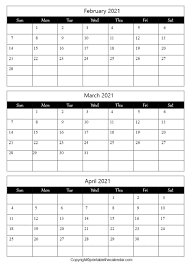 All our march 2021 calendars have enough space to note down appointments, goals, tasks or any other important events so that it is widely used as 2021 business planner, 2021 march holiday planner, 2021 exam planner, etc. February March April 2021 Calendar Free Printable Template Printable The Calendar
