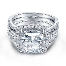 Italo Halo Cushion Created White Sapphire 3pc Wedding Set Wedding Ring Sets Jewelry Rings Engagement Engagement Rings Cushion