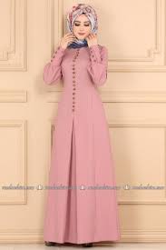 Aksesuar Dugmeli Pileli Elbise Asm2151 Pudra Moda Selvim Elbise Islami Giyim Kiyafet