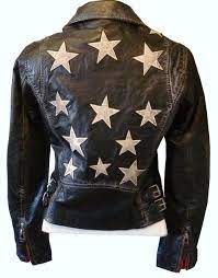 Mauritius Christy Vintage Black Leather Moto Jacket With White Stars Red Leather Detail On Collar S Black Leather Moto Jacket Leather Moto Jacket Clothes