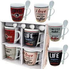 From a small collection of christmas ceramics, this set of four coffee cups is ready to fill any kitchen with holiday cheer. Coffee Mug Set 4 Mug And Spoon Porcelain Set 4 Pcs 12 Oz White Mug Unique