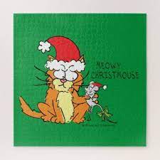 Cat Funny Christmas Cartoon Cute Mouse Jigsaw Puzzle Zazzle Com Funny Christmas Cartoons Christmas Humor Funny Cats