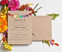 Simple Wedding Invitation With Rainbow Heart Bunting Flag Rustic Wedding Invitation Set Wedding Invitations Colorful Wedding Invitations