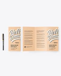 Kraft Broshure With Pen Mockup In Stationery Mockups On Yellow Images Object Mockups